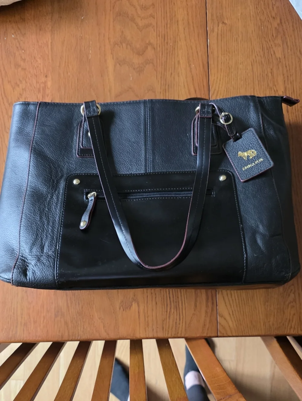 Emma Fox Park Avenue Black Leather Tote Laptop Work Bag Overnight Handbag